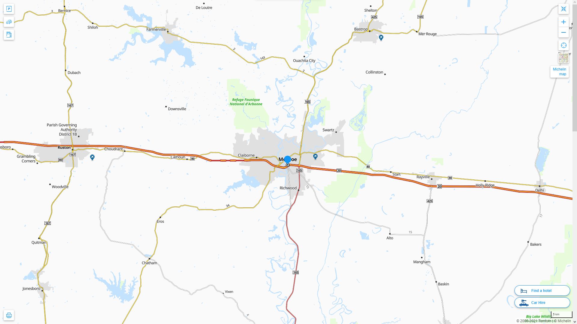 Monroe Louisiana Highway and Road Map